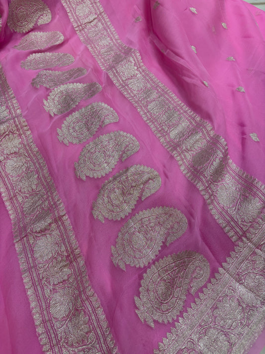 Pure khaddi chiffon saree in Pink colour