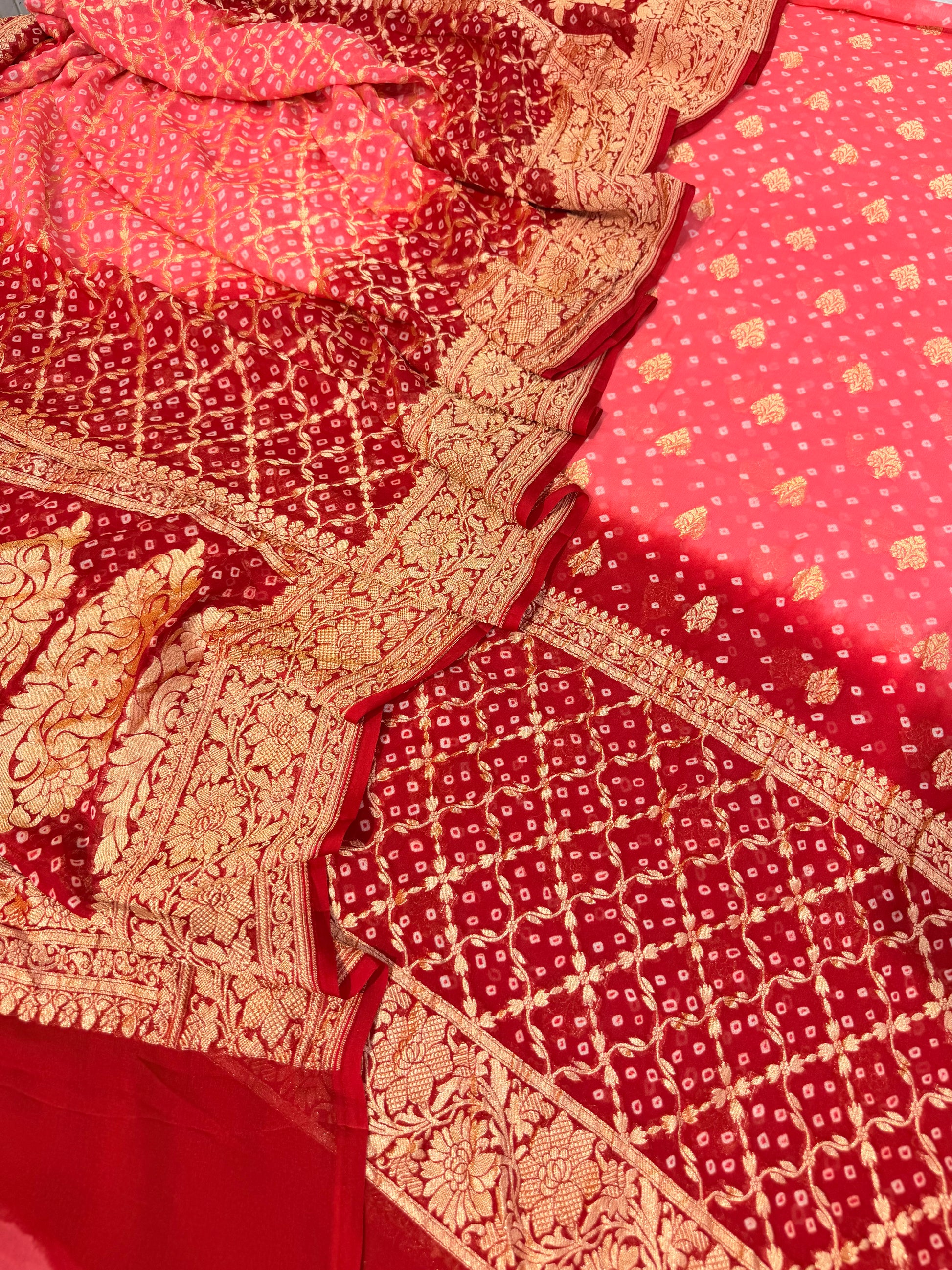 Pure georgette bandhani suit in peach with maroon red colour