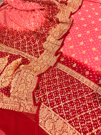 Pure georgette bandhani suit in peach with maroon red colour