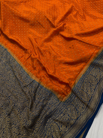 Pure khaddi crepe silk saree in Rust orange with navy blue colour