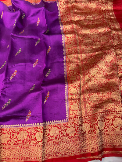 Pure handwoven raw mango saree purple with red colour