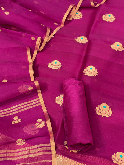 Pure Handloom Kora silk suit set in purple wine colour