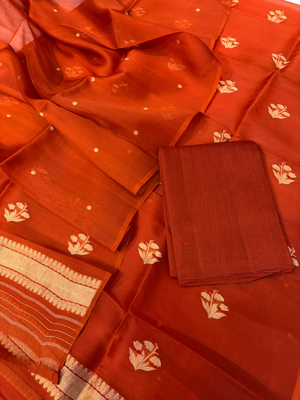 Pure Handloom Kora silk suit set in rust colour with meenakari work