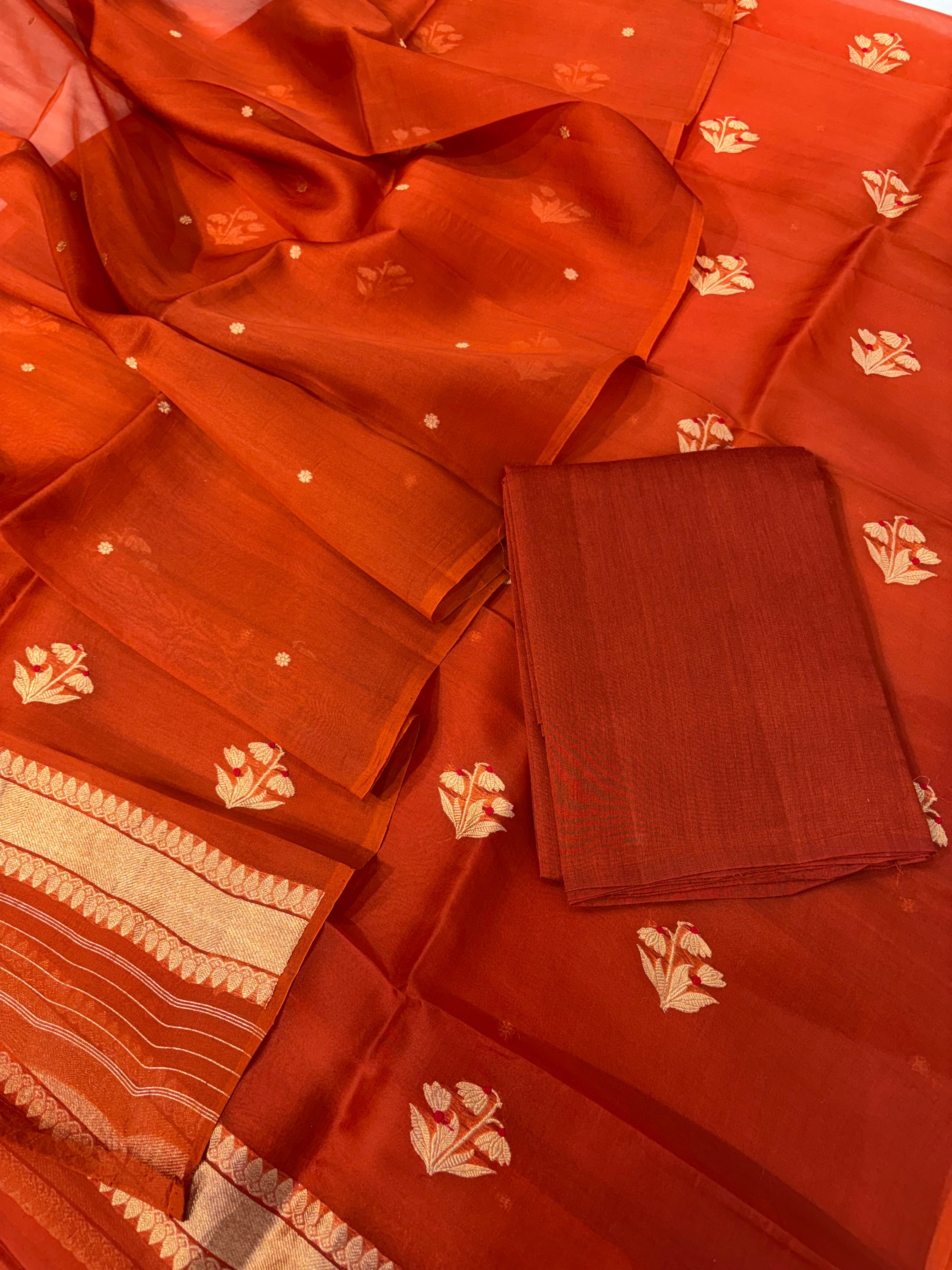 Pure Handloom Kora silk suit set in rust colour with meenakari work