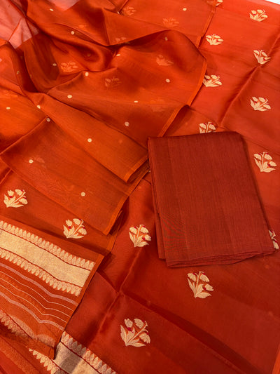 Pure Handloom Kora silk suit set in rust colour with meenakari work