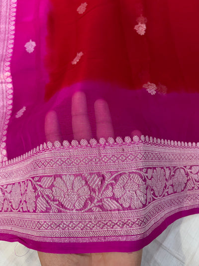 Pure khaddi chiffon saree in red with Rani colour combination