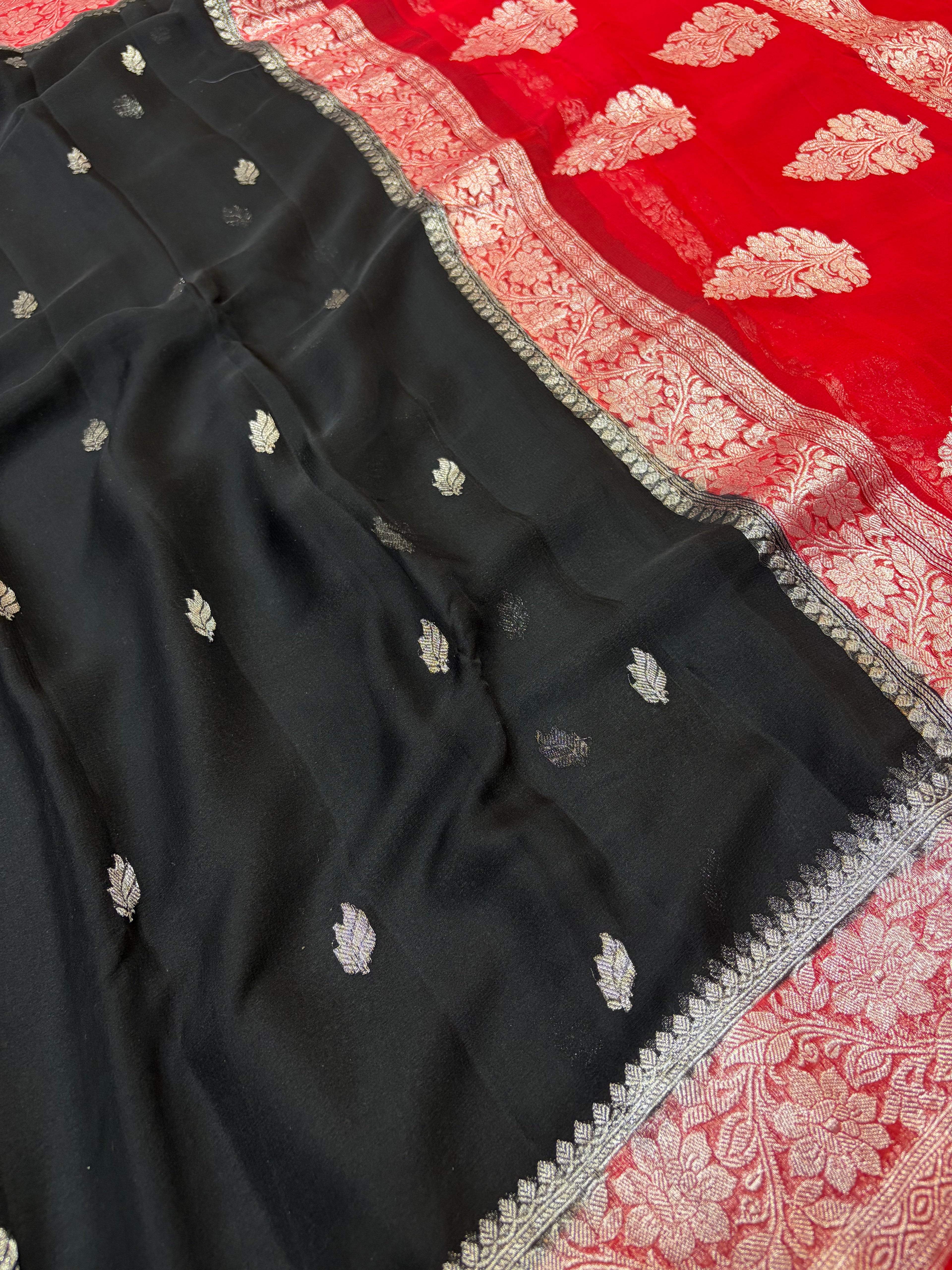 Pure khaddi chiffon saree in black & red colour