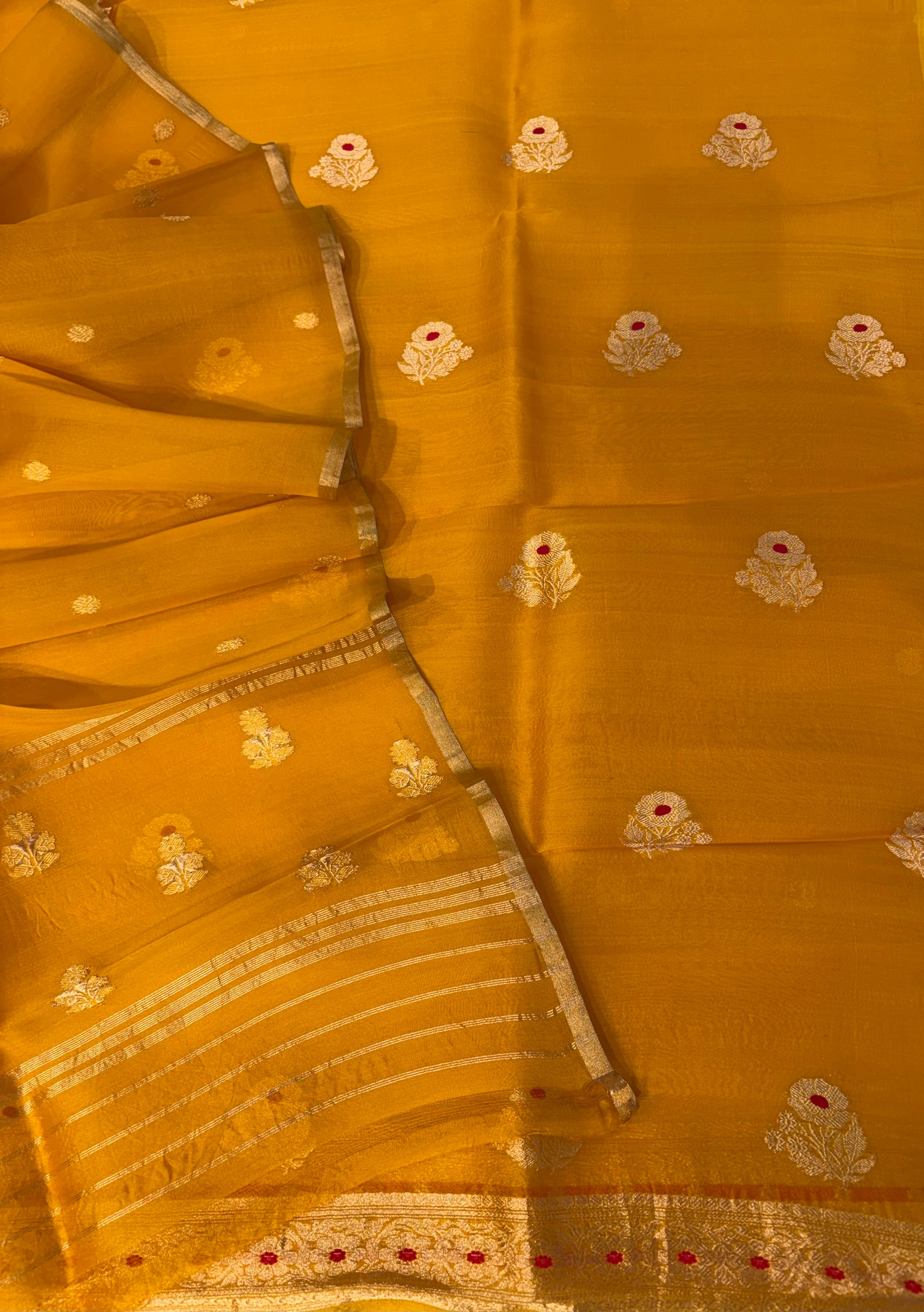 Pure Handloom Kora silk suit set in mustard yellow colour with meenakari work