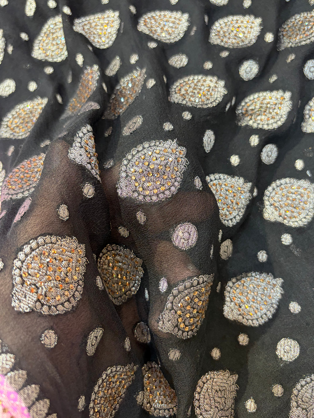 Pure khaddi chiffon suit in black with pink colour with all over swaroski work