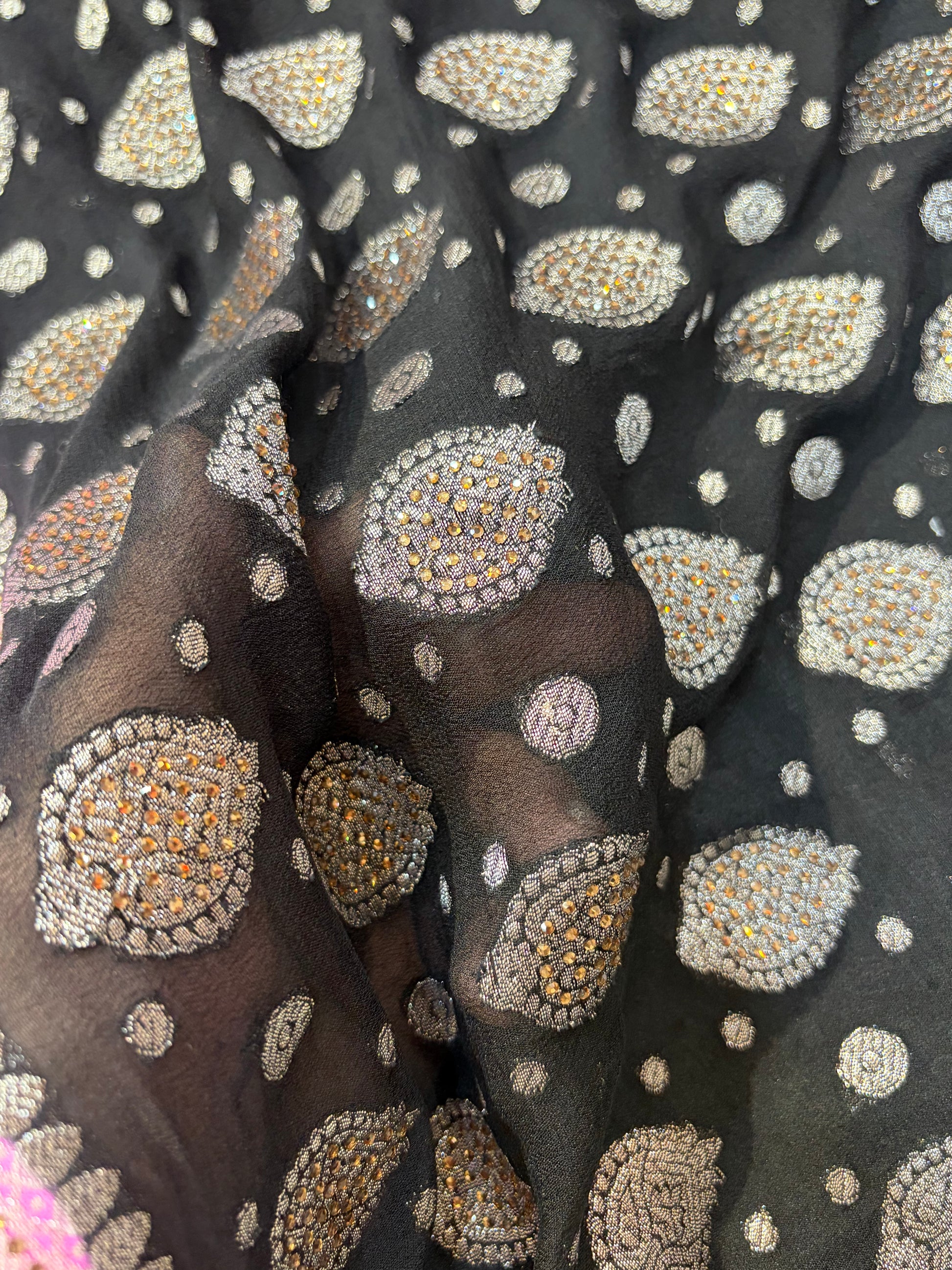 Pure khaddi chiffon suit in black with pink colour with all over swaroski work