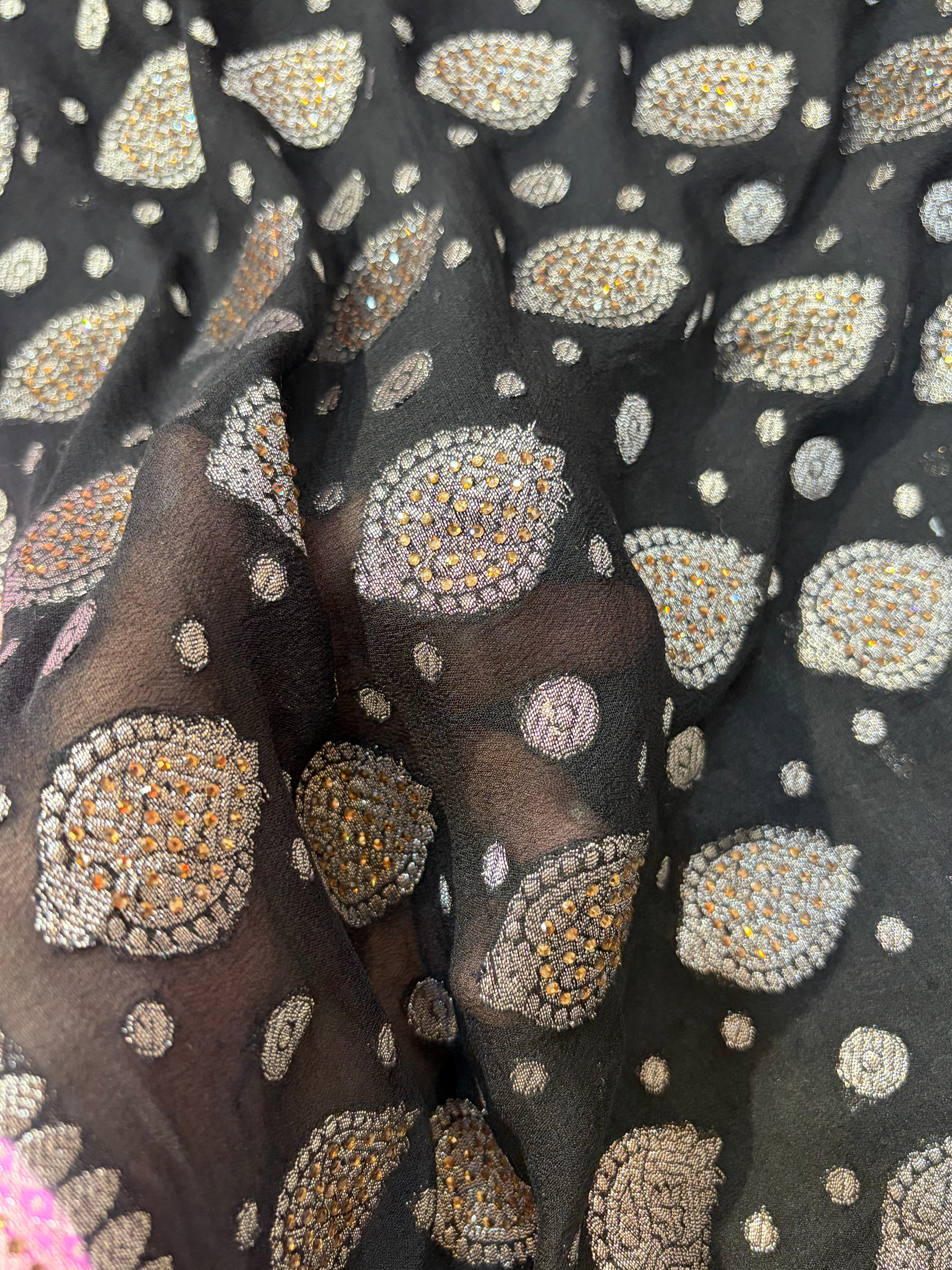 Pure khaddi chiffon suit in black with pink colour with all over swaroski work