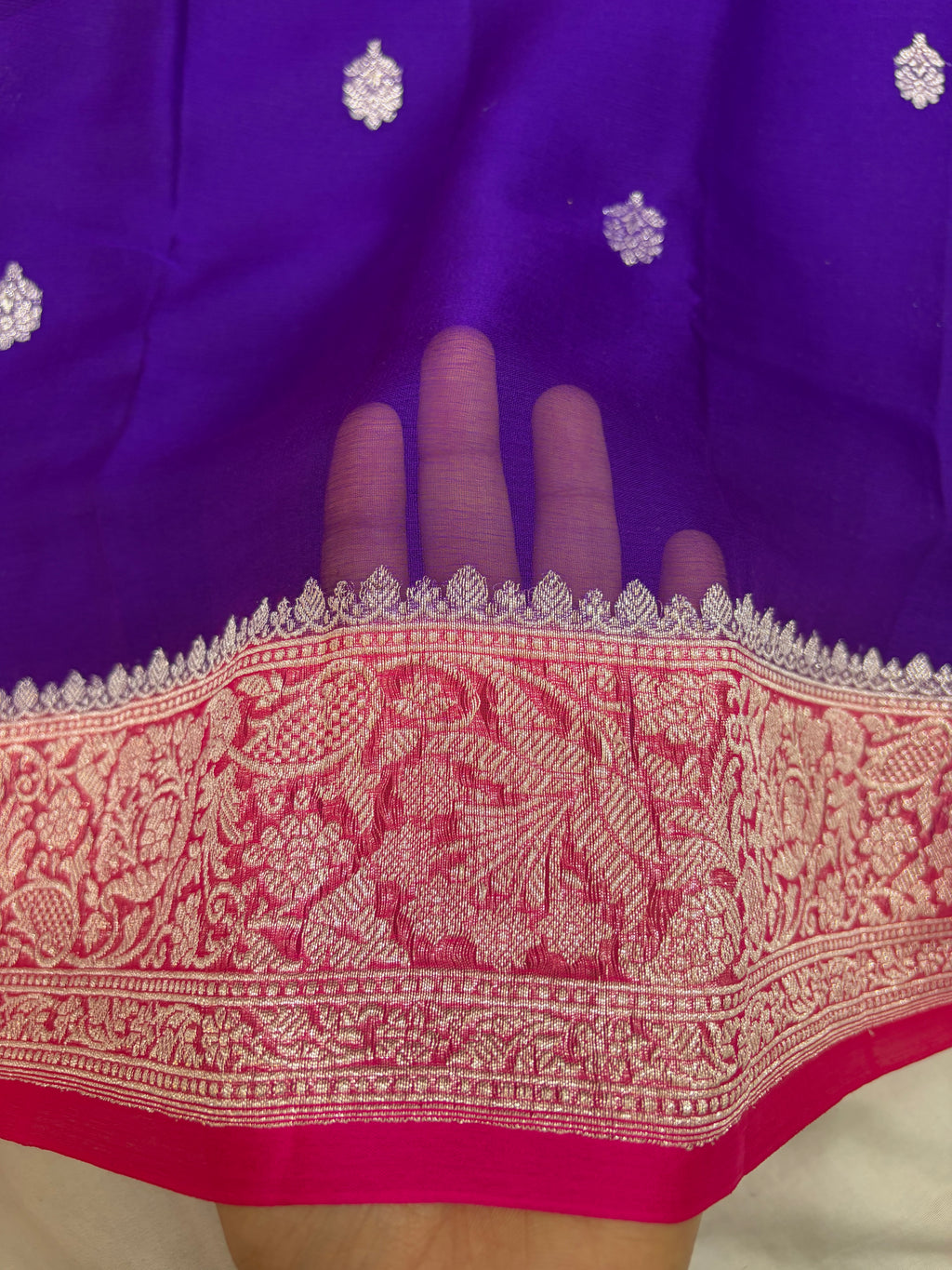 Pure khaddi chiffon saree in purple with Rani colour