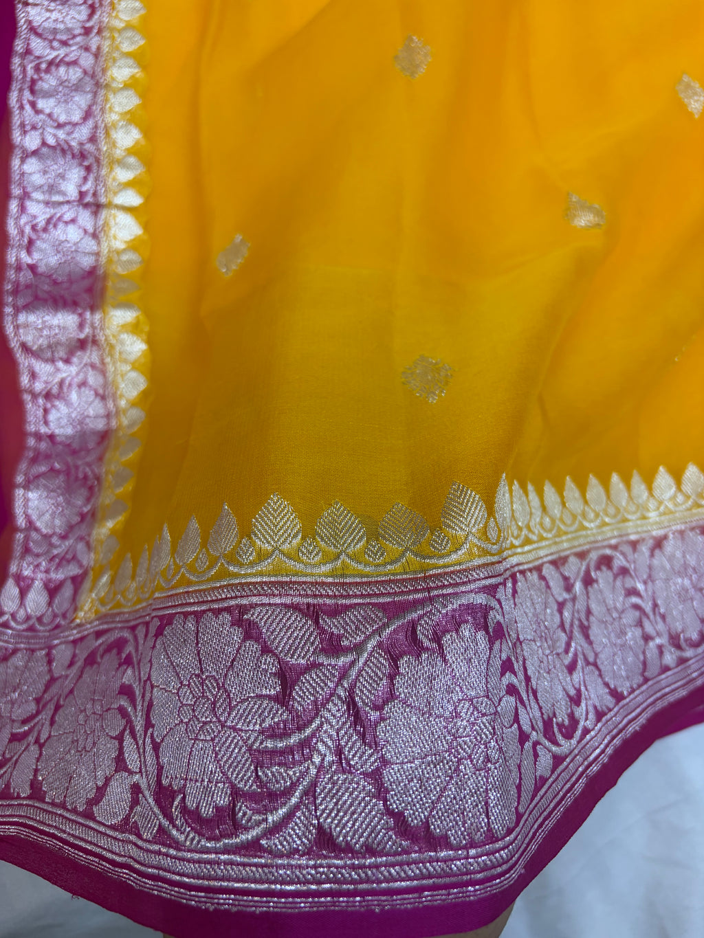 Pure khaddi chiffon saree in mustard with Rani colour