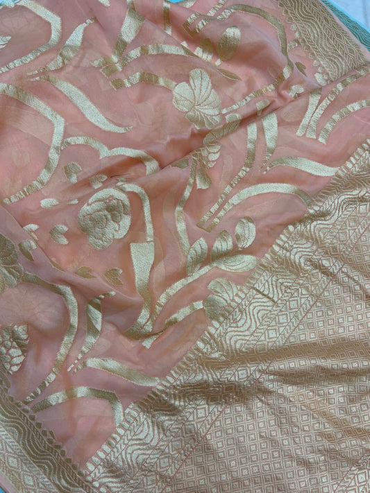 Pure georgette silk saree in pastel peach colour