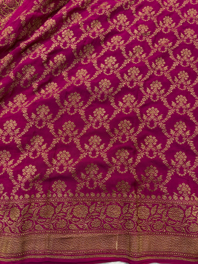 Pure khaddi crepe silk saree in black and Rani combination with pure antic zari work