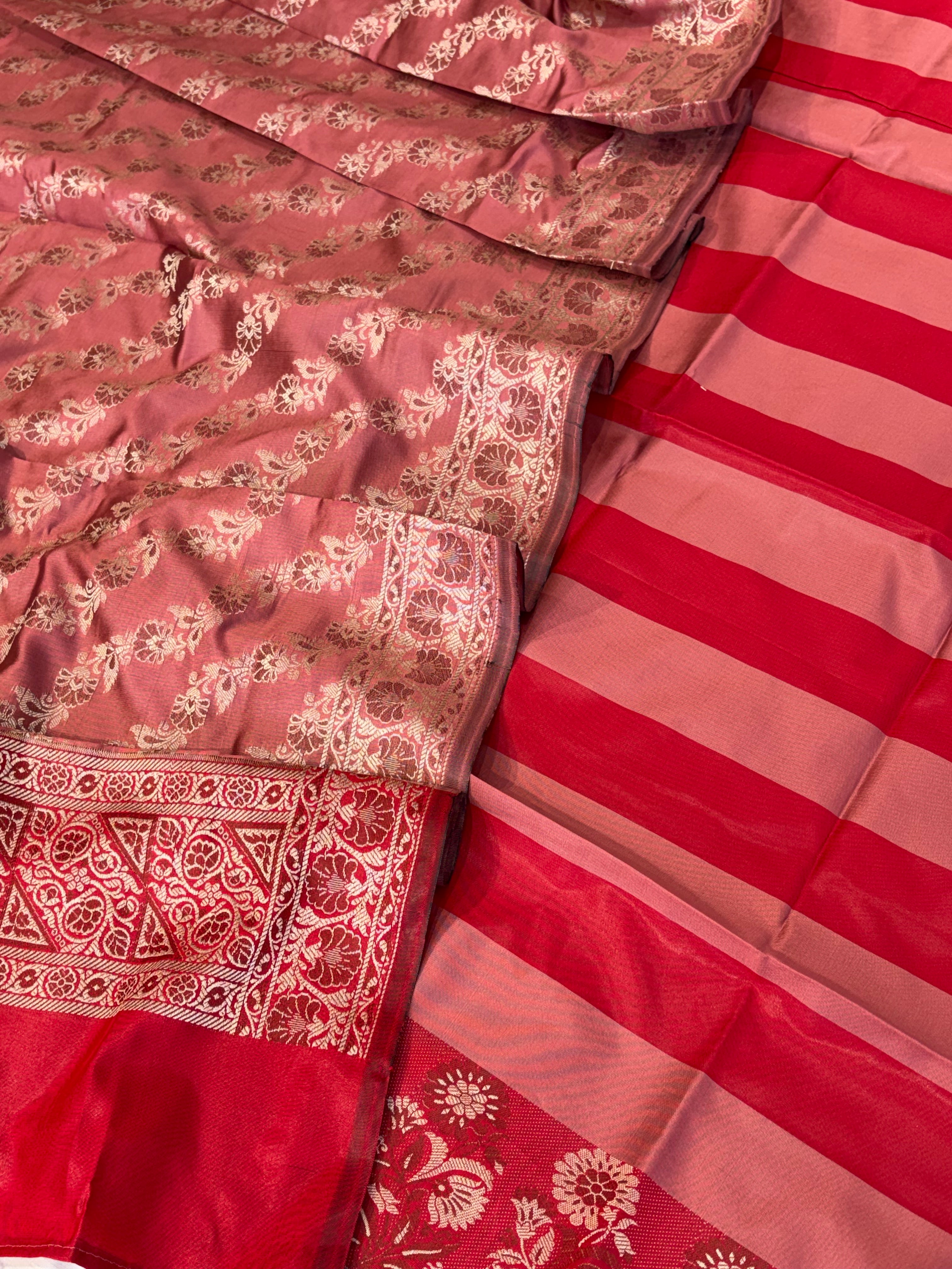 Banarasi soft silk suit in red with dusty rose colour combination with tussels