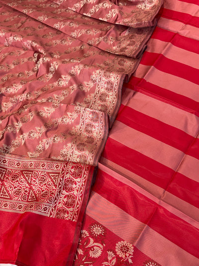 Banarasi soft silk suit in red with dusty rose colour combination with tussels