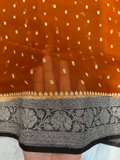 Pure khaddi chiffon chunri buti saree in rust orange with dark chocolate colour