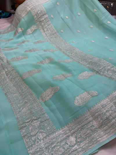Pure khaddi chiffon saree in sea green colour