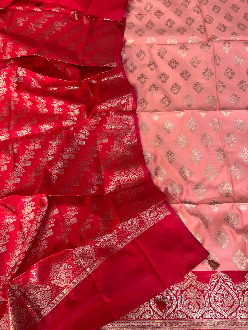 Banarasi soft silk suit in peach and cherry red colour combination