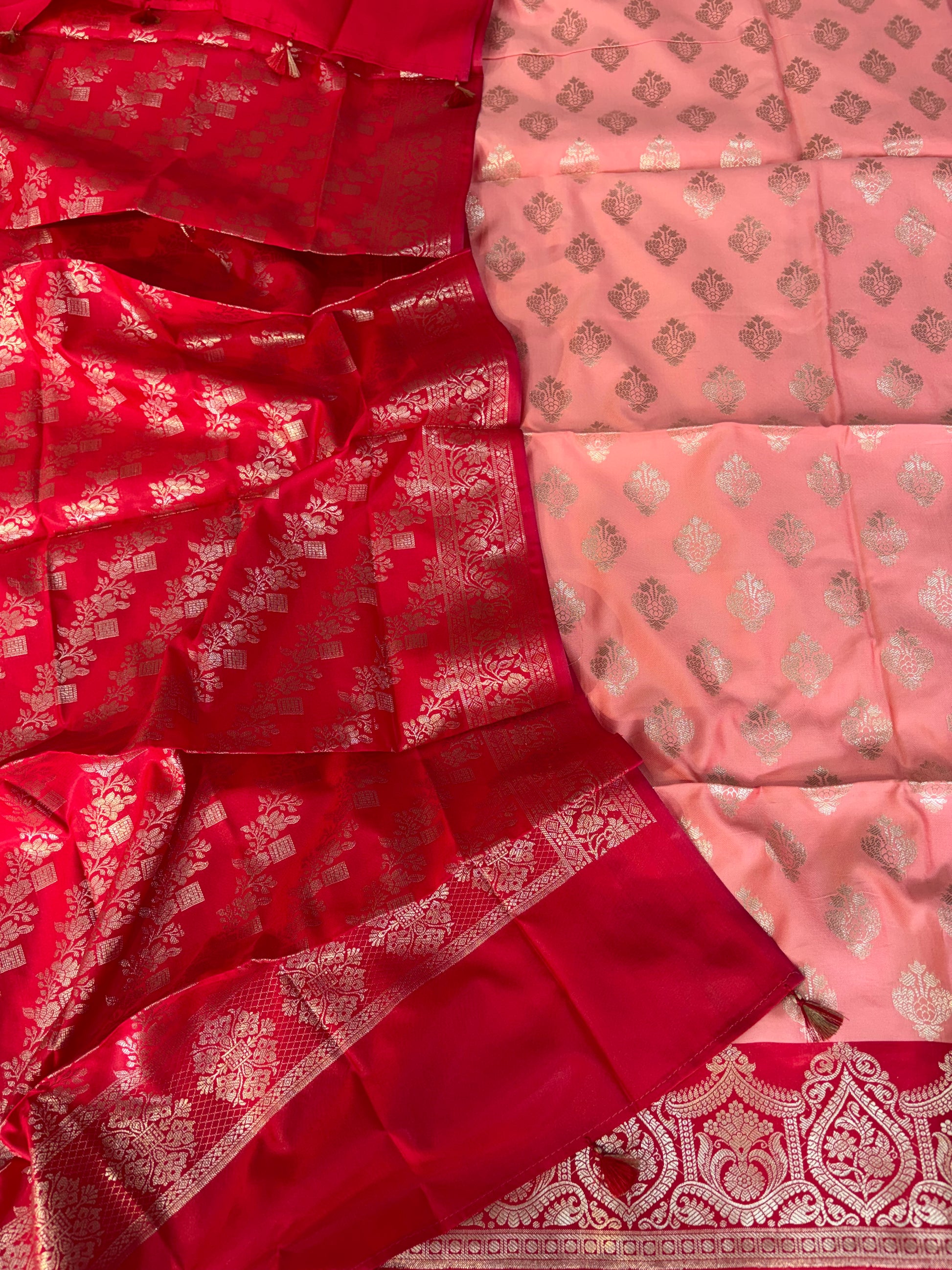 Banarasi soft silk suit in peach and cherry red colour combination