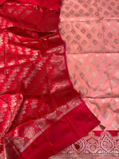 Banarasi soft silk suit in peach and cherry red colour combination