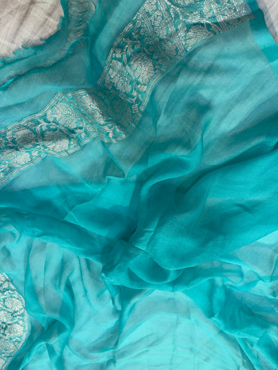 Pure khaddi chiffon saree in purple with ocean blue colour combination