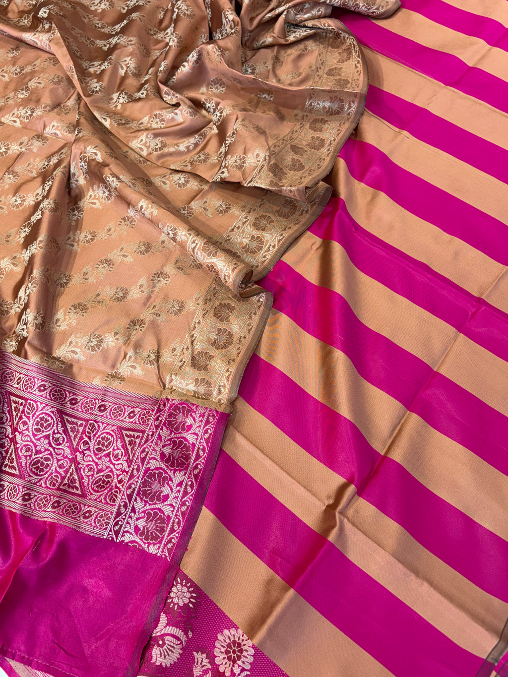Banarasi soft silk suit in cream with pink  colour combination