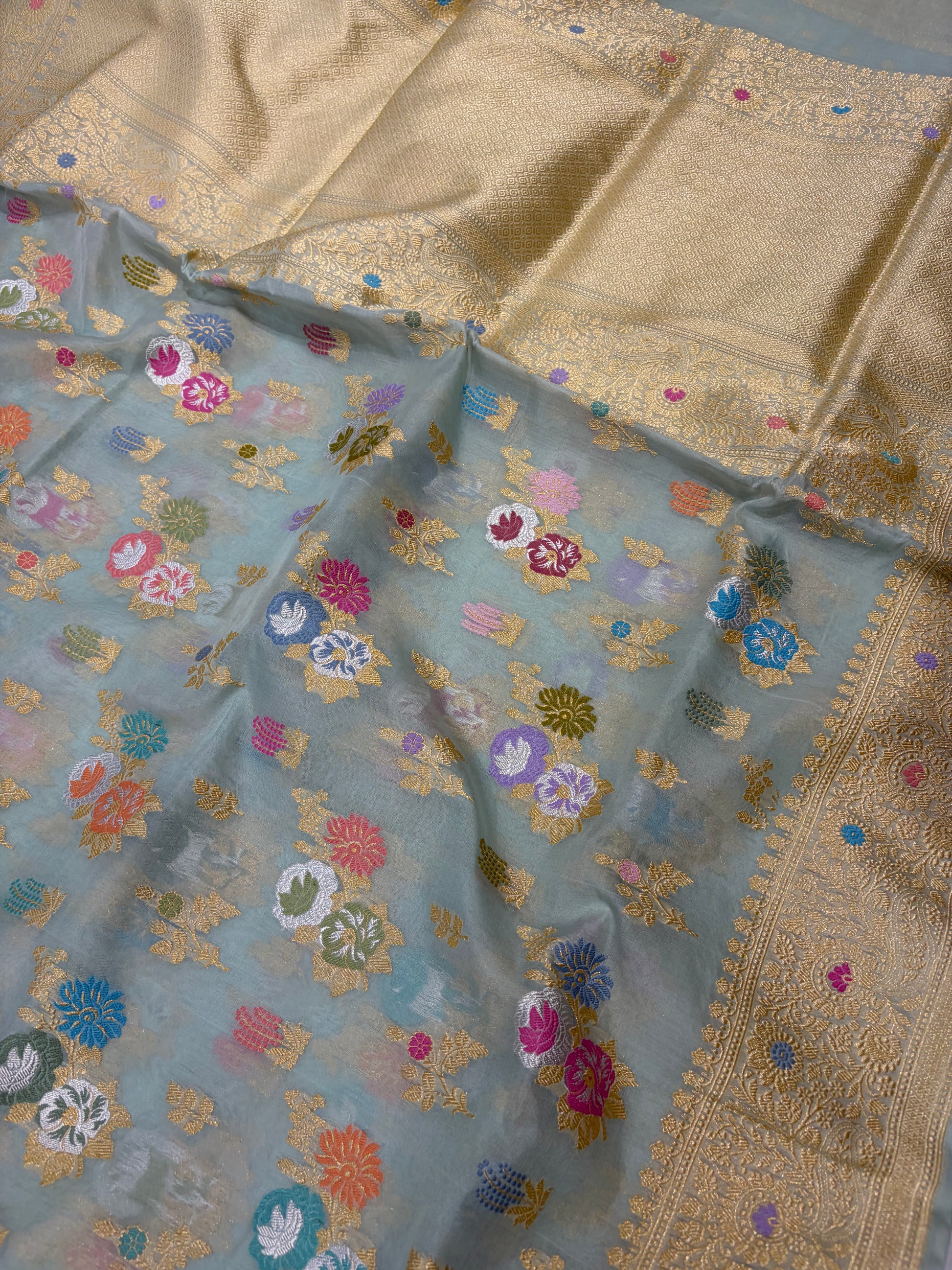 Premium pure Kora silk saree with all over meenawork in beautiful sea green shade