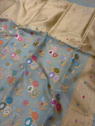 Premium pure Kora silk saree with all over meenawork in beautiful sea green shade