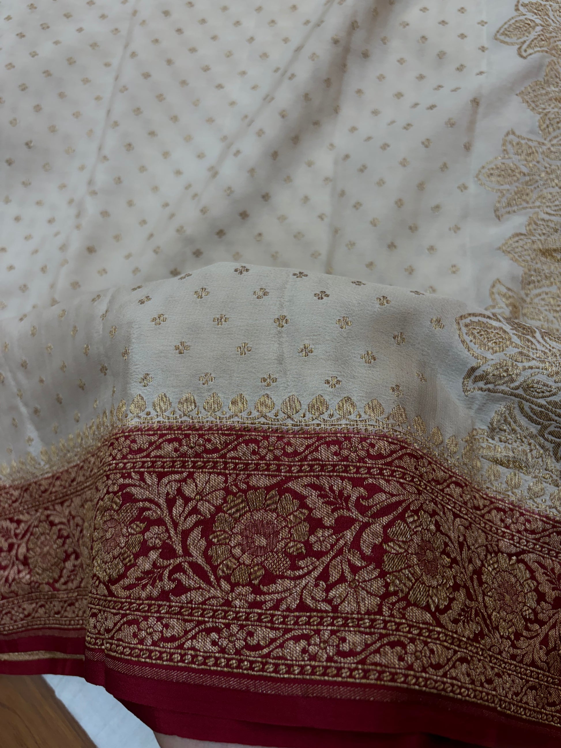 Pure khaddi crepe silk saree off white with red colour
