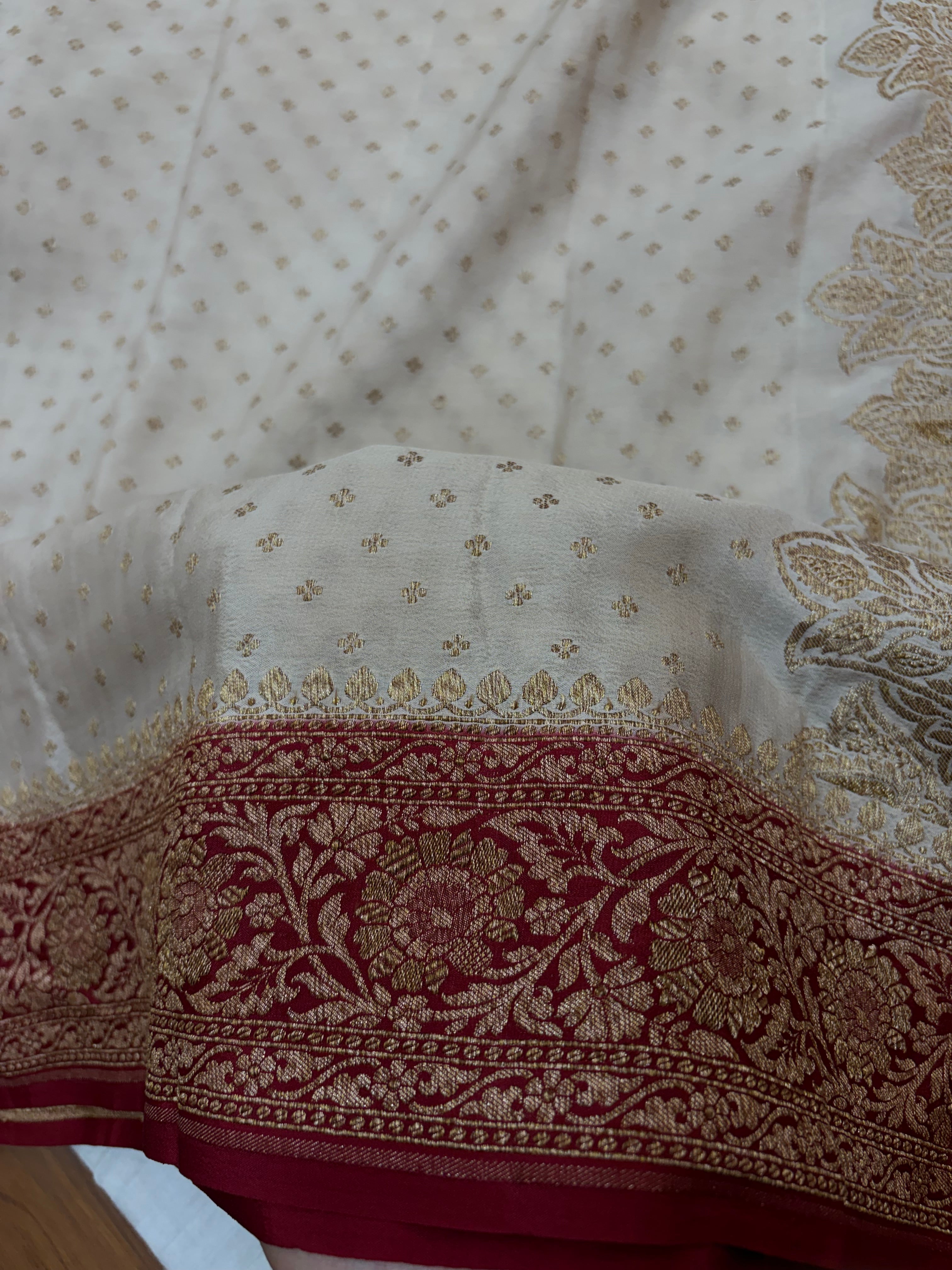 Pure khaddi crepe silk saree off white with red colour