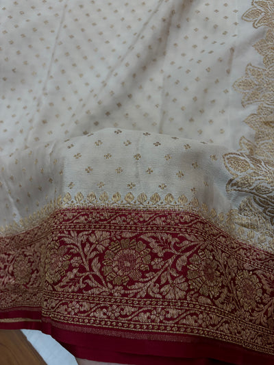 Pure khaddi crepe silk saree off white with red colour