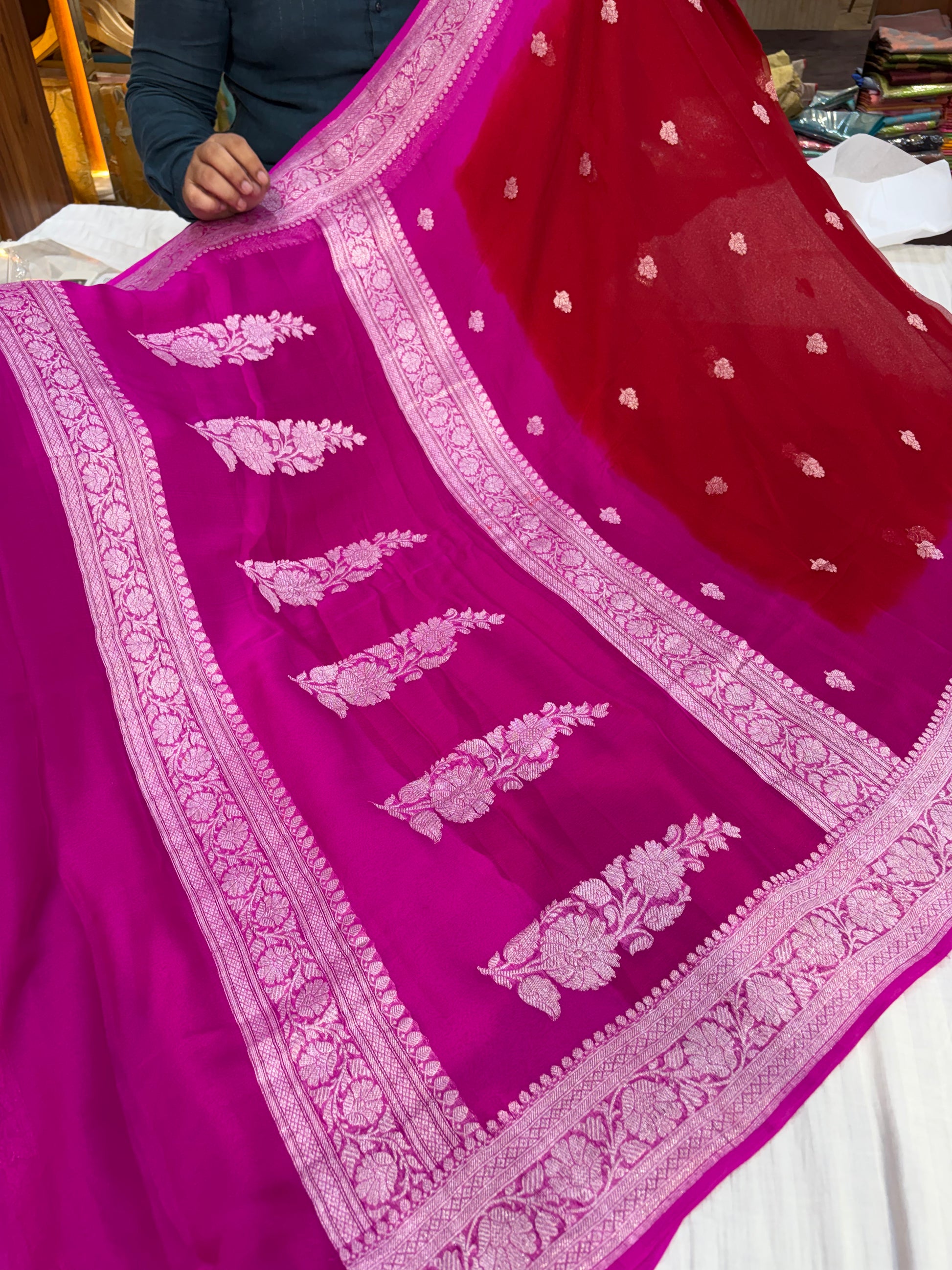 Pure khaddi chiffon saree in red with Rani colour combination