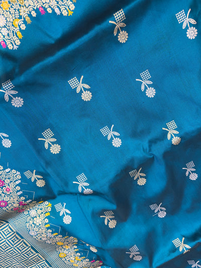 Beautiful Pure handloom katan silk sareee in peacock blue colour