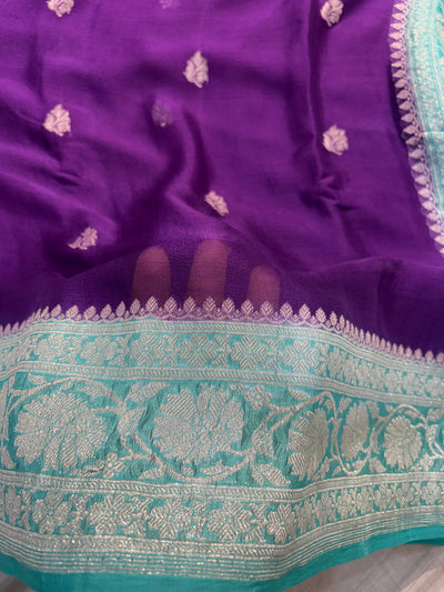 Pure khaddi chiffon saree in purple with ocean blue colour combination