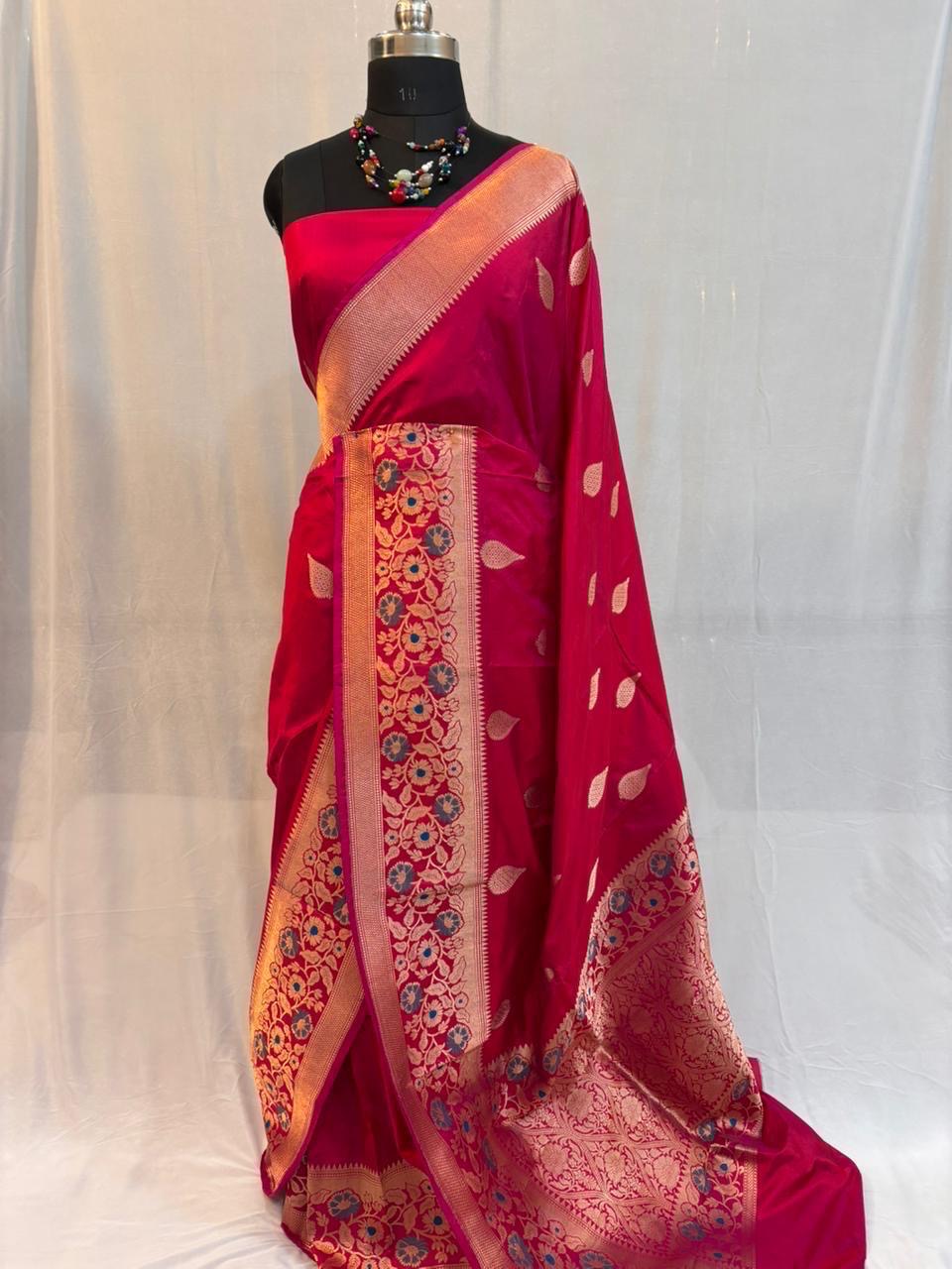 Pure meenakari katan silk saree in cherry red colour