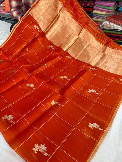 Pure handloom organza silk saree in orange colour