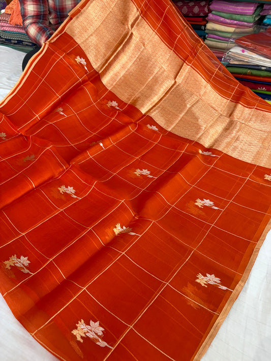 Pure handloom organza silk saree in orange colour