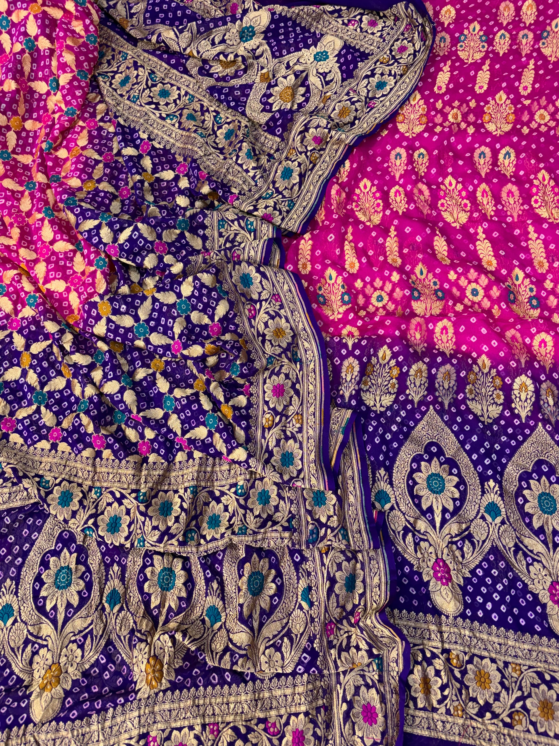 Pure georgette bandhani suit in Rani pink with purple colour