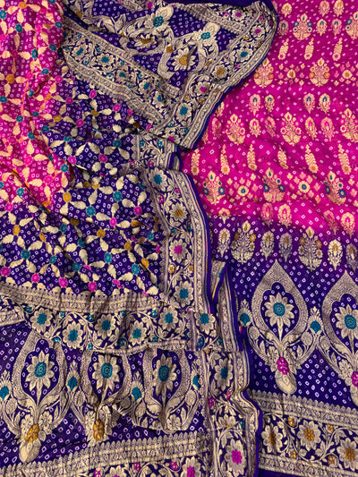 Pure georgette bandhani suit in Rani pink with purple colour