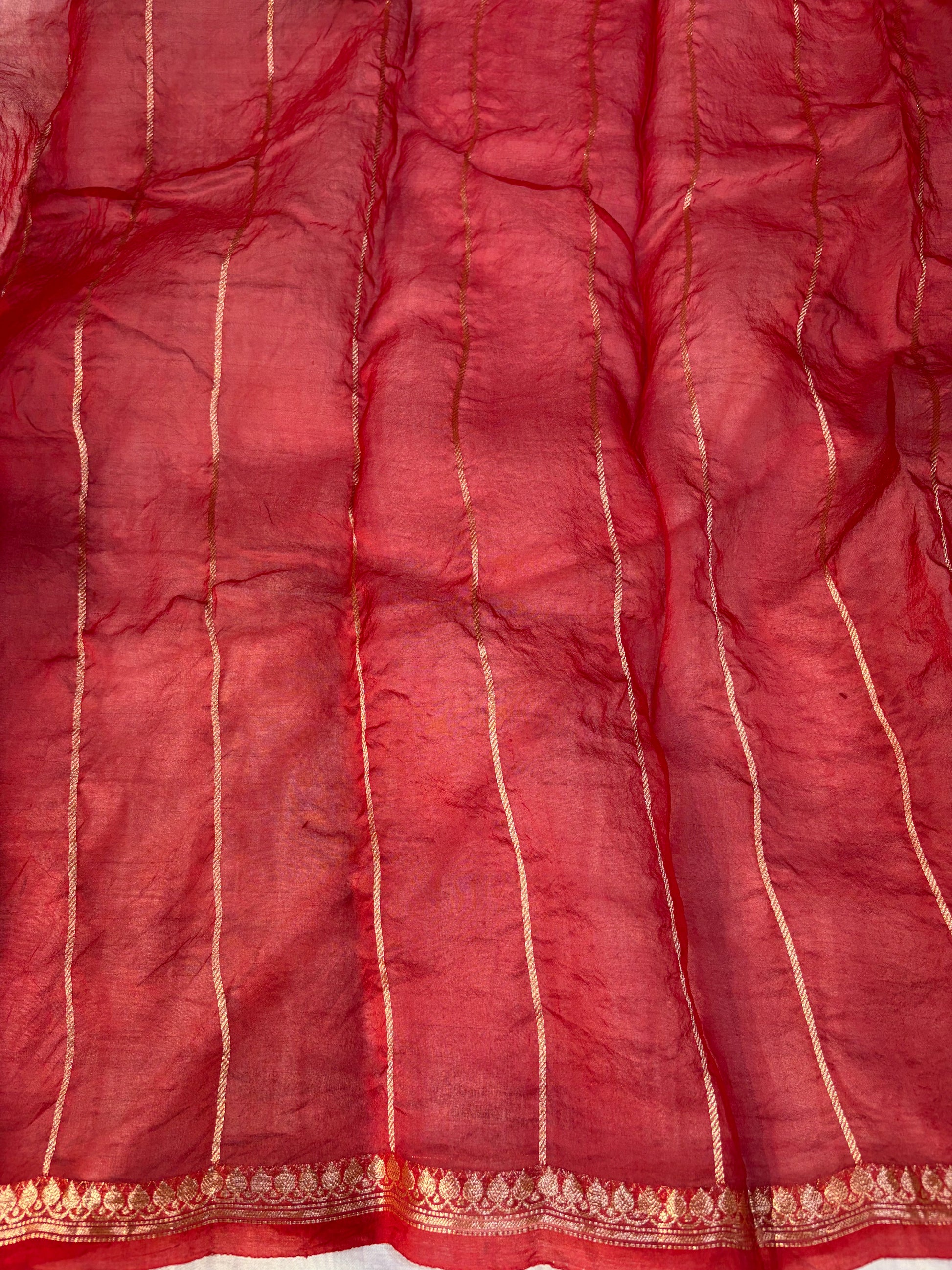Pure handloom organza silk saree with baby & red colour combination