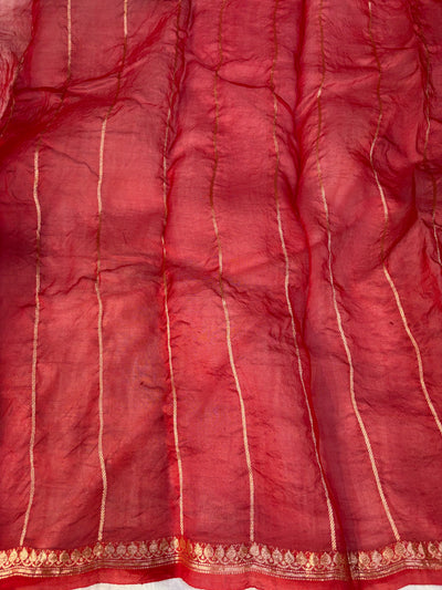 Pure handloom organza silk saree with baby & red colour combination