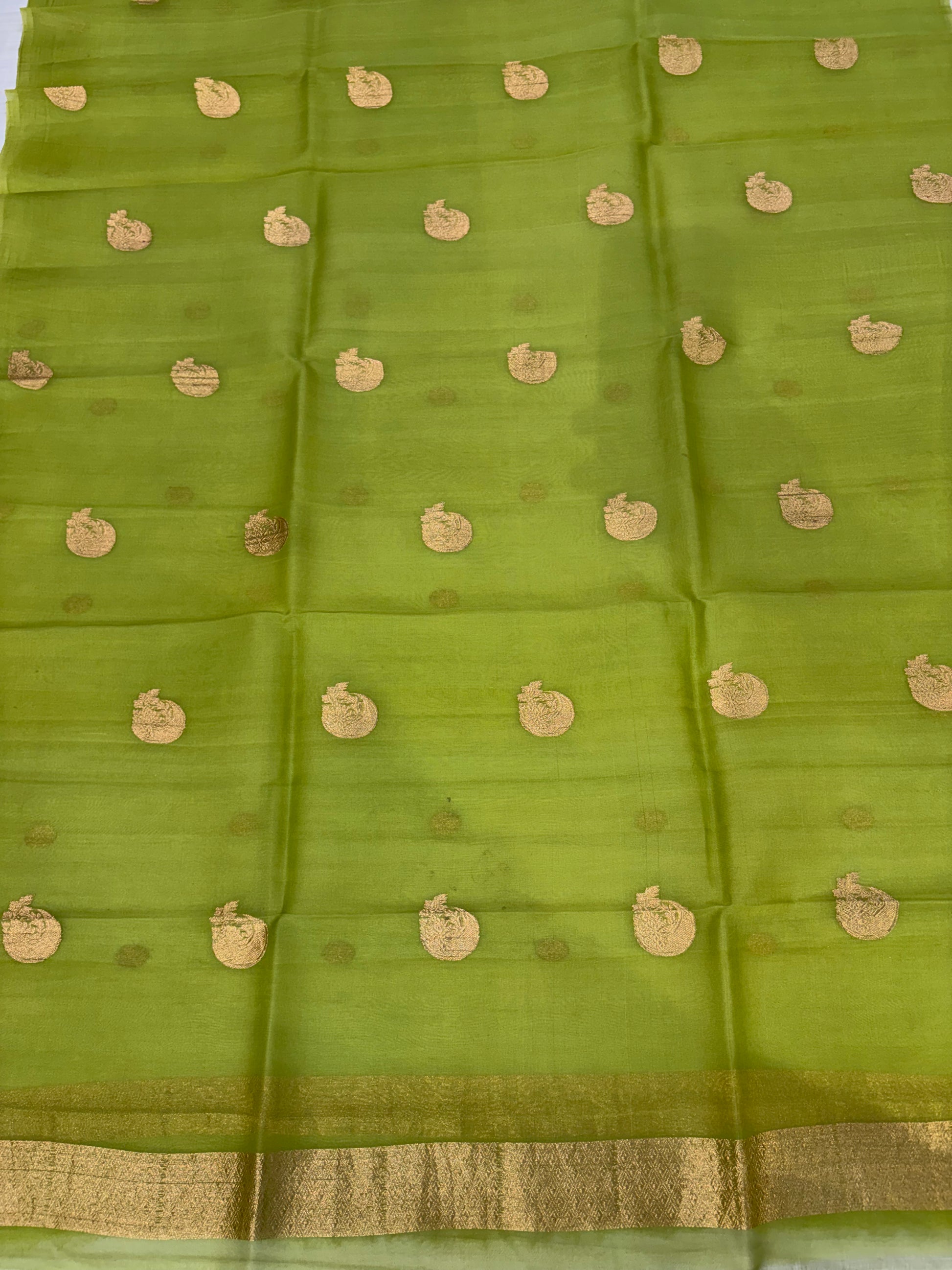 Pure Handloom Kora silk suit set in light pista green colour with meenakari work