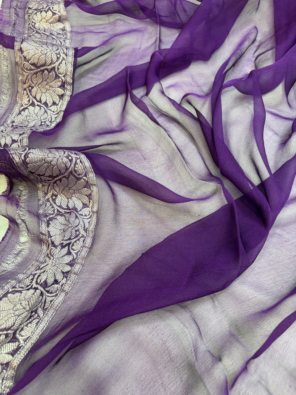 Pure khaddi chiffon saree in dark purple colour