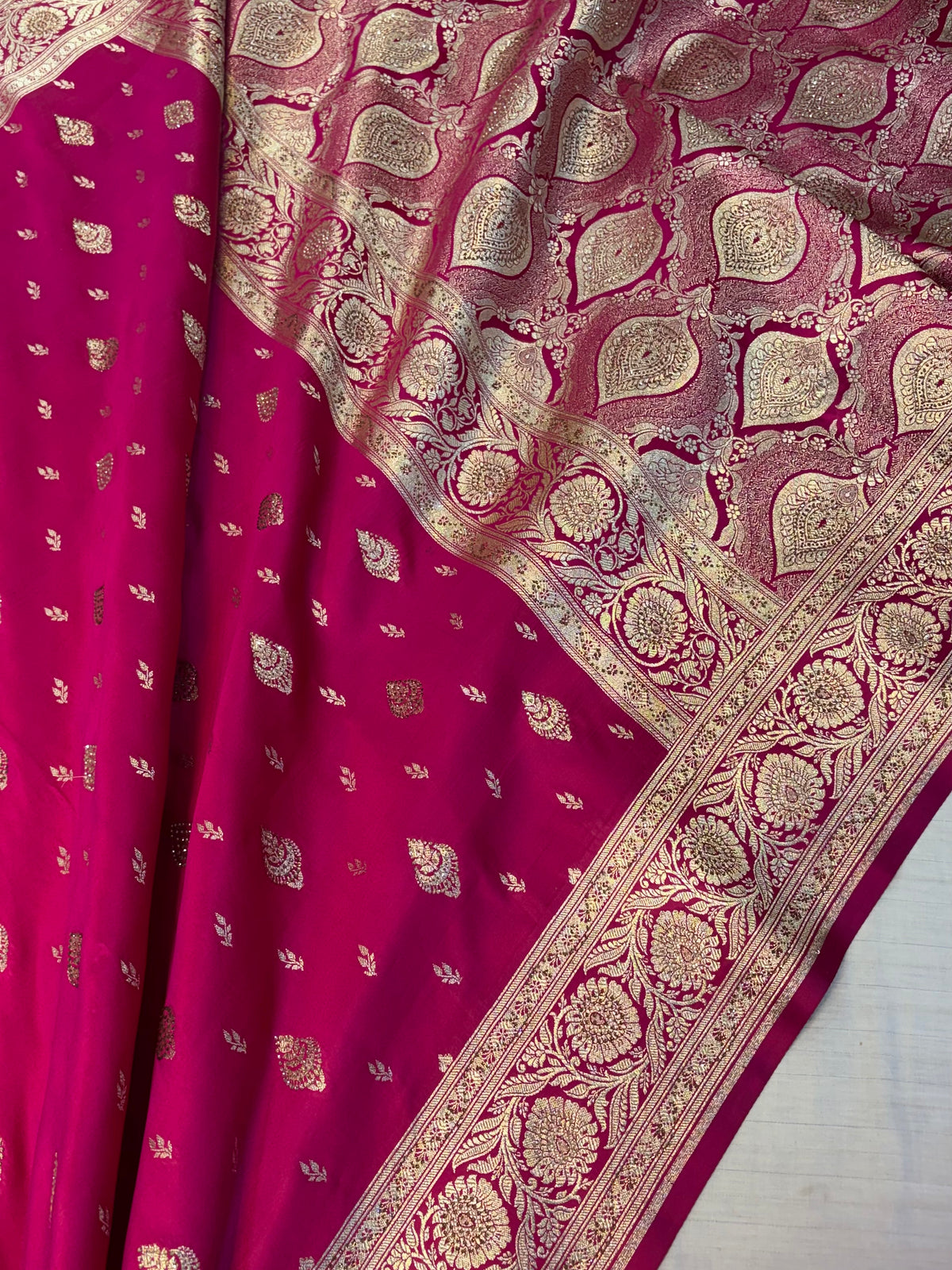 Bridal Banarasi satin Katan silk sarees in Rani pink colour with all over Swarovski work