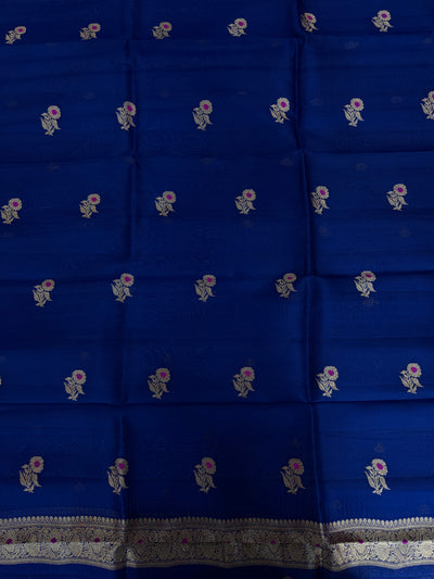 Pure Handloom Kora silk suit set in German blue colour with meenakari work