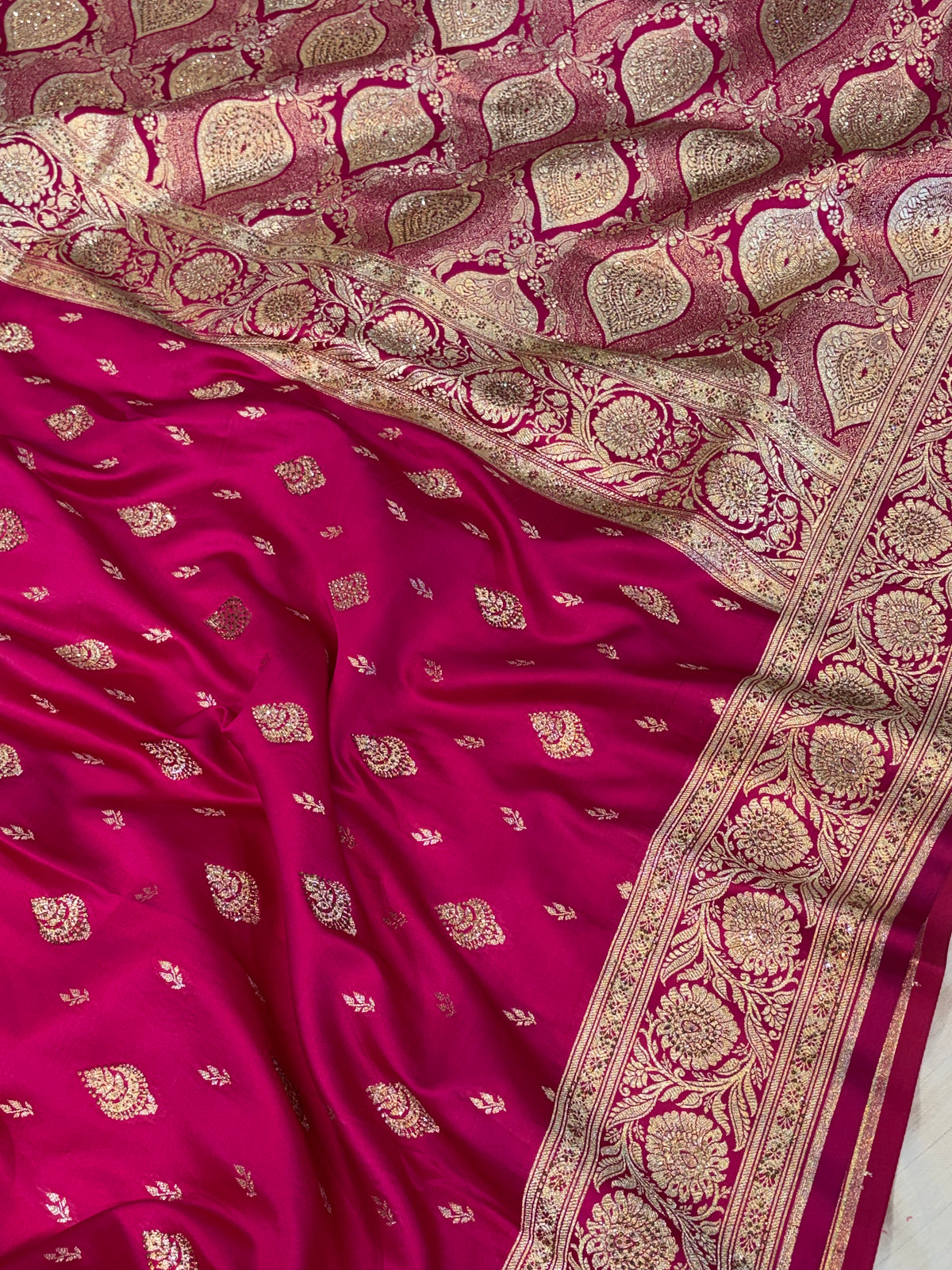 Bridal Banarasi satin Katan silk sarees in Rani pink colour with all over Swarovski work