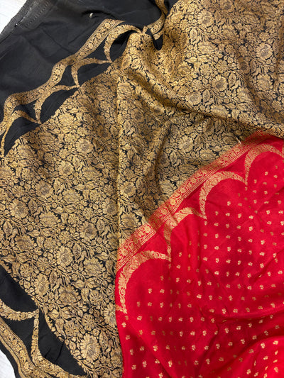 Pure khaddi crepe silk saree in red with black colour combination