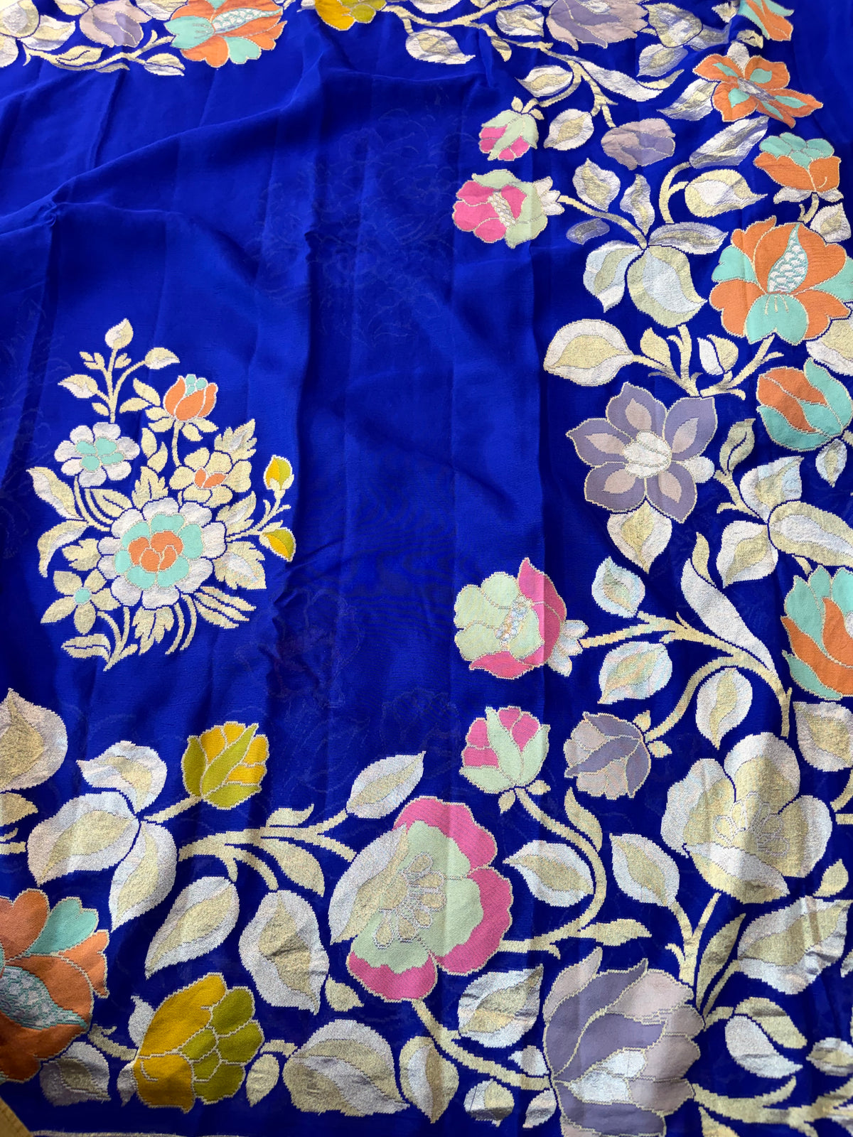 Pure premium georgette banarasi saree multi meena work in royal blue colour